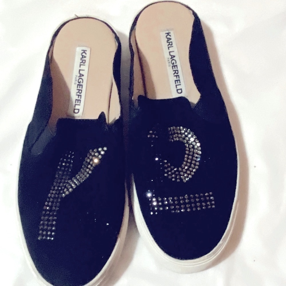 Karl Lagerfeld Black Rhinestone Slip On Slides Shoes - Picture 1 of 5